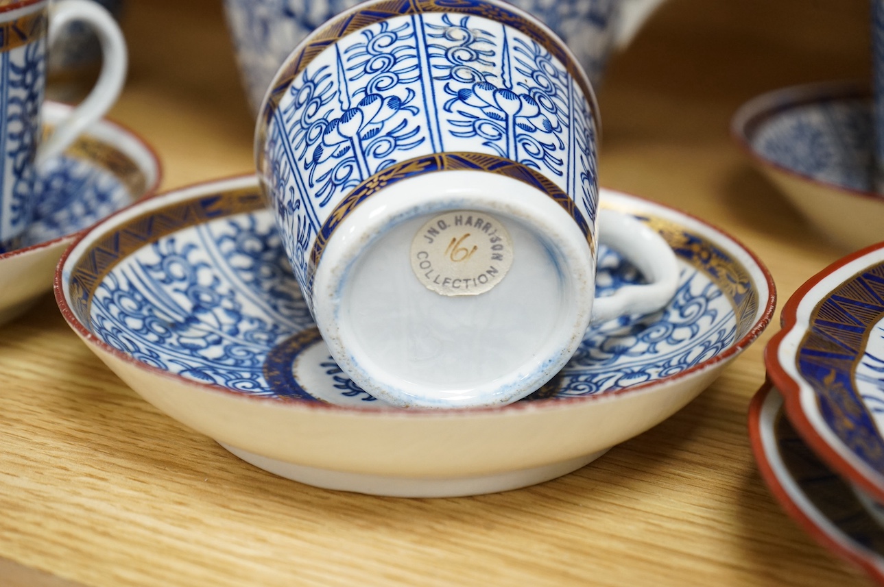 A group of late 18th/early 19th century Worcester Royal Lily tea wares, including a teapot, milk jug, lidded bowl, two plates, three cups and saucers, etc. Condition - fair.